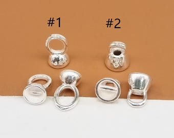 2 Sterling Silver Cord End Caps w/ Loop, 925 Silver Shiny End Cap for Pearl, Small Pendant Cap For Jewelry Making, Pearl Jewelry Findings