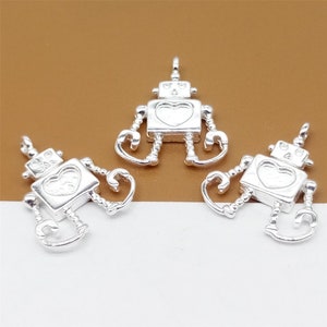 4 Sterling Silver Robot Charms with Love Heart, 925 Silver Robot Charm, Bracelet Charm, Necklace Charm