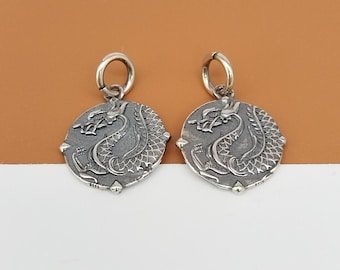 Pingente de Dragão em Prata de Lei 925, Pingente Loong Chinês em Prata 925, Pingente do Zodíaco Chinês, Pingente de Animal, Pingente para Pulseira, Pingente para Colar 15 mm