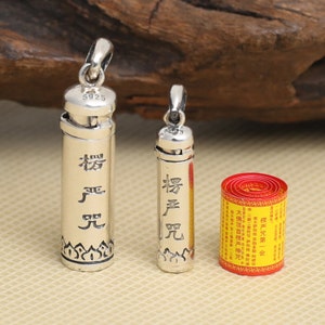 Sterling Silver Cylinder Locket Pendant w/ Buddhism Characters, 925 Silver Prayer Box Pendant, Cylinder Gau Box, Wish Box, Memory Box