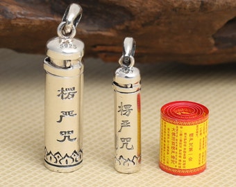 Sterling Silver Cylinder Locket Pendant w/ Buddhism Characters, 925 Silver Prayer Box Pendant, Cylinder Gau Box, Wish Box, Memory Box