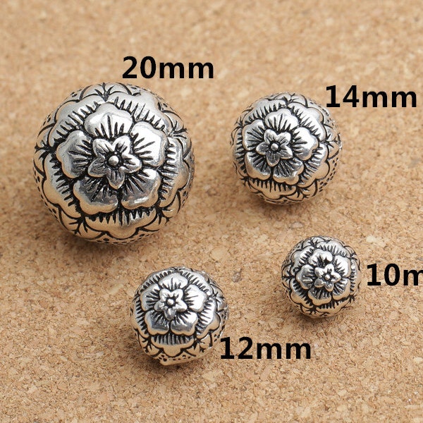 Sterling Silver Flower Beads, 925 Sterling Silver Flower Round Bead, 925 Silver Flower Round Ball Beads 10mm 12mm 14mm 20mm