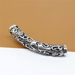 Sterling Silver Love Birds Tube Bead, Long Tube Bead 925 Silver, Large Hole Tube Beads 5mm Sterling Silver, Double Birds Flower Tube