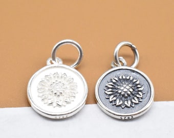 2 dijes de girasol de plata de ley de doble cara, colgante pequeño de flor de sol de plata 925, dije floral, dije de flor, dije para pulsera, dije para collar