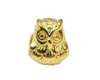 14K Gold Vermeil Style Owl Bead on 925 Sterling Silver, Heavy 14K Gold Plated Owl Bead, 4mm Hole Bead, Animal Bracelet Bead, Necklace Bead