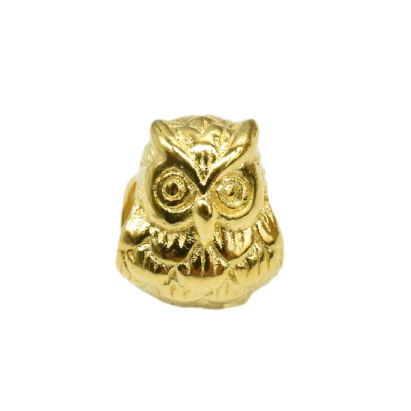 18K Gold Vermeil Style Owl Bead sur 925 Sterling Silver, Heavy 18K Gold Plated Owl Bead, 4mm Hole Bead, Animal Bracelet Bead, Necklace Bead