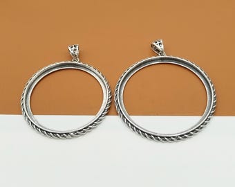 Sterling Silver Coiled Brim Bezel Pendant Setting, 925 Silver Round Pendant Bezel Setting, Cabochon Setting, Pendant Blank, Fit 40.5mm 46mm