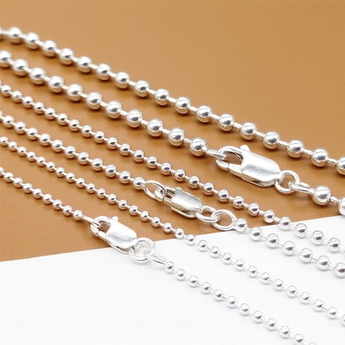Collana a catena di perline in argento sterling, catena a sfere in argento sterling, collana a catena di perline in argento 925 da 1,5 mm, 2 mm, 3 mm, 18, 20, 22, 24, 26, 28 pollici
