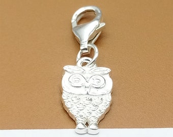 Sterling Silver Owl Clip On Charm, 925 Silver Owl Clip Charm w/ Clip On Lobster Clasp, Animal Charm, Necklace Charm, Bracelet Charm
