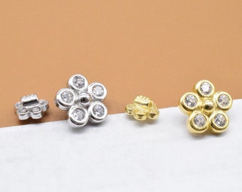 5 Sterling Silver Plum Flower Beads w/ CZ, 925 Silver Floral Bead, Gold Plated Flower Spacer Bead, Necklace Bead, Bracelet Bead 5mm 8mm