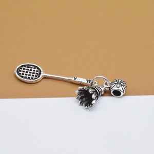 Sterling Silver Shuttlecock and Badminton Racket Charm 2-Sided, 925 Silver Badminton Dangle Charm, Sports Pendant, Necklace Charm