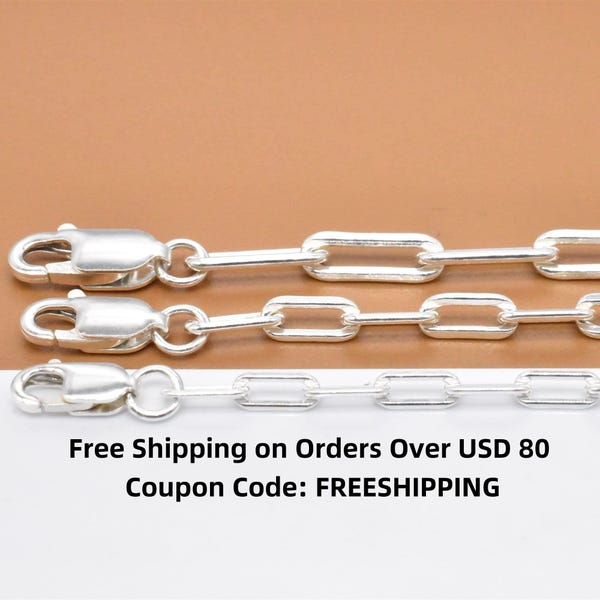 Sterling Silver Paper Clip Chain, 925 Silver Paperclip Chain, Rectangle Drawn Cable Chain Lobster Cable Chain 2.5mm 3mm 3.5mm 14 16 18 20 22