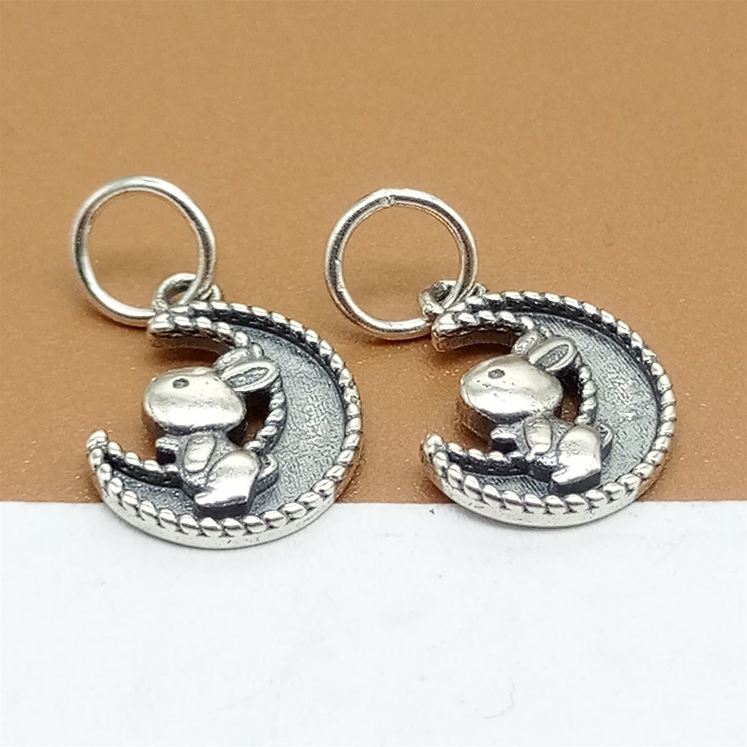 2 Sterling Silver Moon Rabbit Charms, 925 Silver Rabbit Charm, Easter ...