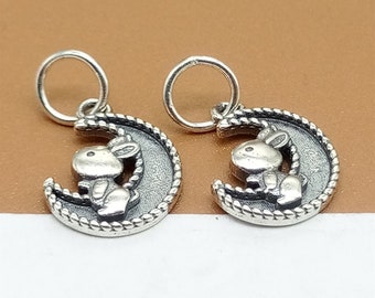 2 dijes de conejo y luna de plata de ley, dije de conejo de plata 925, dijes de conejito de Pascua y luna, dije de luna creciente, dije para pulsera, dije para collar