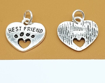 2 Sterling Silver Best Friend Charm, 925 Silver Love Heart Charm, Pet Charm, Dog Charm, Cat Charm, Paw Charm, Bracelet Charm, Necklace Charm