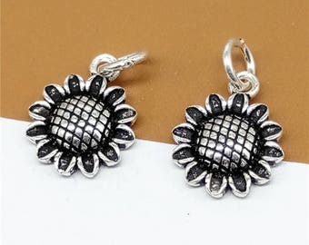 5 Sterling Silver Sunflower Charms, 925 Silver Sun Flower Charms for Bracelet Necklace