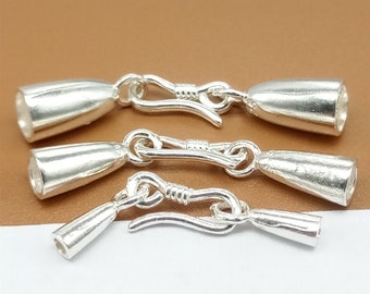 2 Sterling Silver Cord End Cap w/ Hook Clasp, 925 Silver Cone End Cap Connector, Leather Cord Cap, Bracelet Cord End Cap, Jewelry Findings