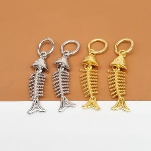 2 Sterling Silver Fish Bone Charms, 925 Silver Rhodium Plated Fish Skeleton Charm, Gold Plated Small Fish Pendant, Cat Charm, Bracelet Charm