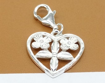 Sterling Silver Flower Heart Clip On Charm, 925 Silver Heart Clip Charm w/ Clip On Lobster Clasp, Heart Charm with Flowers, Necklace Charm