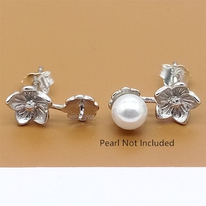 2prs Sterling Silver Flower Earring Settings Rhodium Plated, 925 Silver Floral Earring Post Cup Peg for Half Drilled Pearl Bead