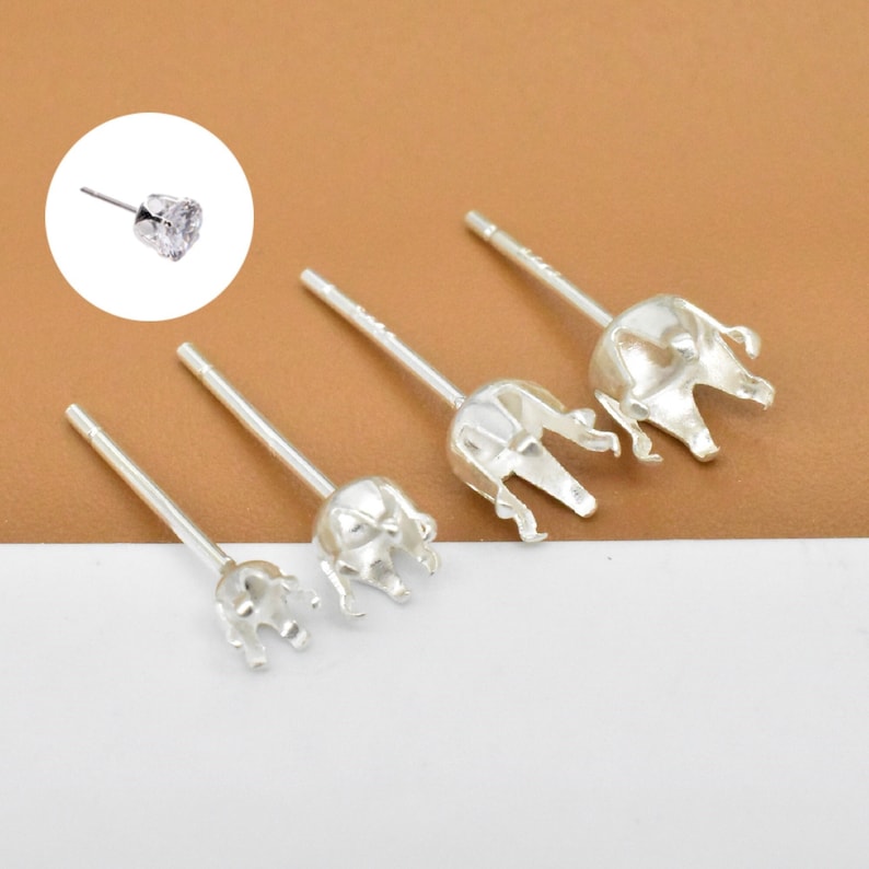 10 Pairs Sterling Silver Claw Earring Setting w/ Backs, 925 Silver Claw Earring Posts, 6 Prongs Post Earring, Faceted Stone Earring Setting image 1