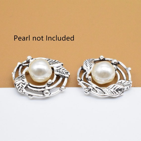 2 Sterling Silver Leaf Circle Bead Frames Fit 4-6mm Pearls, 925 Silver Bead Circle Frame 2-Sided, Tree Leaves Bead, Bracelet Bead