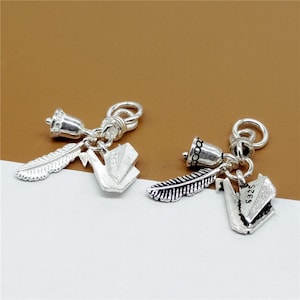 2 Sterling Silver Paper Crane Charms with Wind Bell and Feather, 925 Silver Origami Crane Charms with Wind Chime Feather Charms