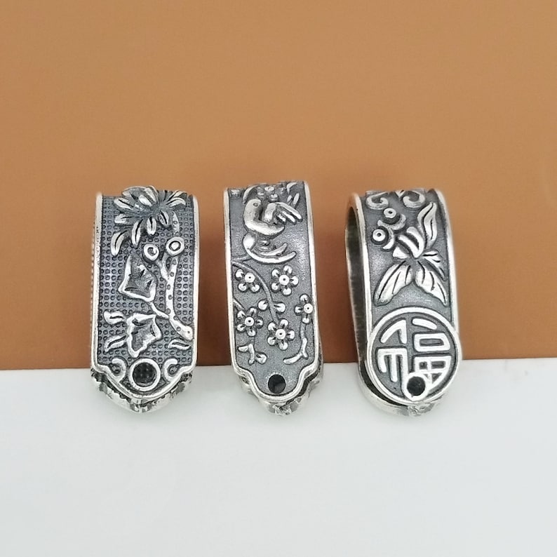 Sterling Silver Large Open Pinch Bail, 925 Silver Large Pendant Bail, Louts Design, Flower and Bird Design, Good Fortune Fish, Necklace Bail image 3