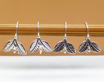 4 Pairs Sterling Silver Double Leaf Earring Hooks, Leaf Ear Wire Hook, 925 Silver Leaves Earring Hooks, Earwire Hook, Loop Earring