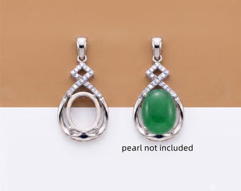 925 Sterling Silver Oval Prong Pendant Setting with Bail, Teardrop Frame and Pave Accent, Fit 9x11mm Gemstones