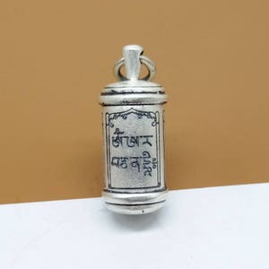 0.990 Fine Silver Cylinder Prayer Box Pendant, Sterling Silver Cylinder Prayer Box, Om mani padme hum, Lotus, Buddha Statue Pattern