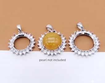 925 Sterling Silver Round Pendant Setting with CZ Halo, Prongs and Bail Prong Mount, Fit 12x12mm, 13x13mm, 14x14mm Gemstones