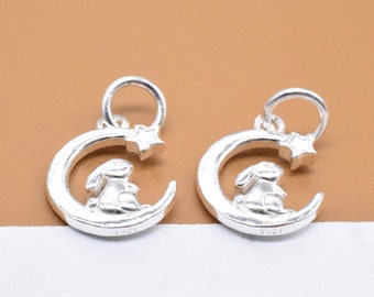 2 dijes de conejo y luna de plata esterlina de doble cara, dije de conejo de plata 925, dije de conejito, dije de luna creciente, dije para pulsera, dije para collar