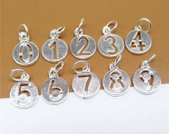 2 Sterling Silver Number Charms, 925 Sterling Silver Number Charms, Disc Number Charms for Bracelet Necklace