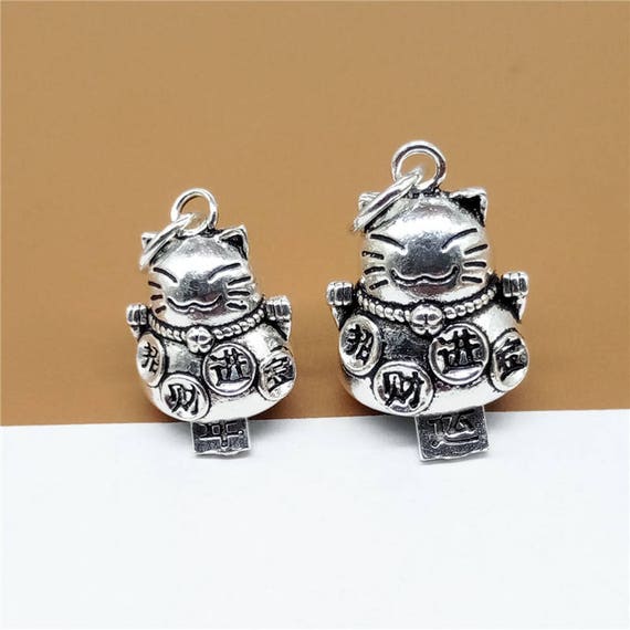 925 Sterling Silver Luck Lucky Cat Bell Charm Low Sound Chinese Fu Good Fortune 925 Sterling Silver Luck Lucky Cat Bell Charm Low Sound Chinese Fu Good Fortune