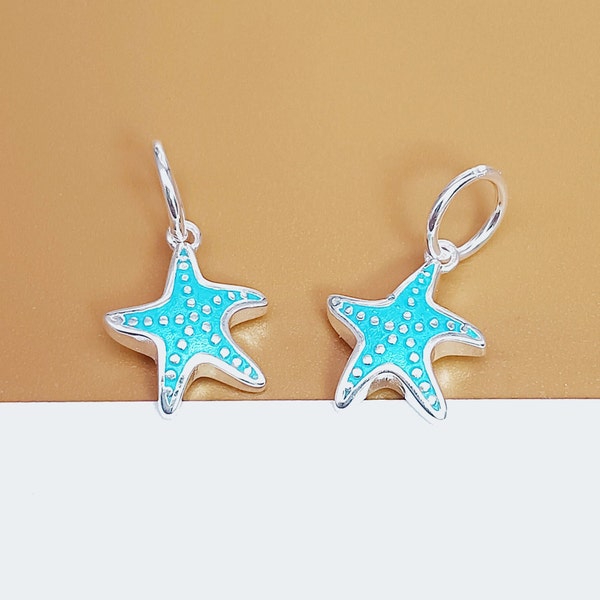 6 Sterling Silver Starfish Charms Blue Enameled, 925 Silver Starfish Charm, Star Fish Charm, Ocean Charm, Sea Charm, Bracelet Necklace Charm