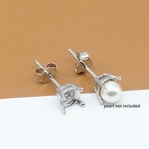 5prs Sterling Silver Post Earring Bezel w/ Rhodium Plated, 925 Silver Earring Setting with Back, Round Bezel Cup Earring, Claw Earring Post