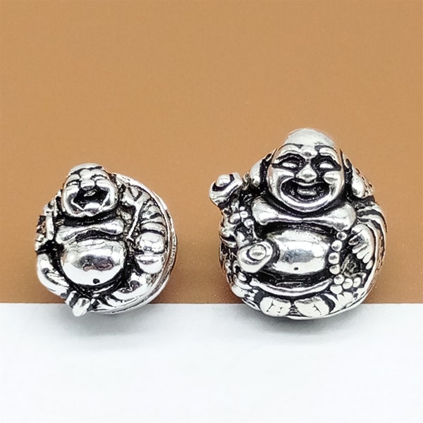 Cuenta redonda de Buda feliz de plata de ley, cuenta de Buda de plata 925, cuentas de estatua de Buda budista para pulsera y collar budistas.