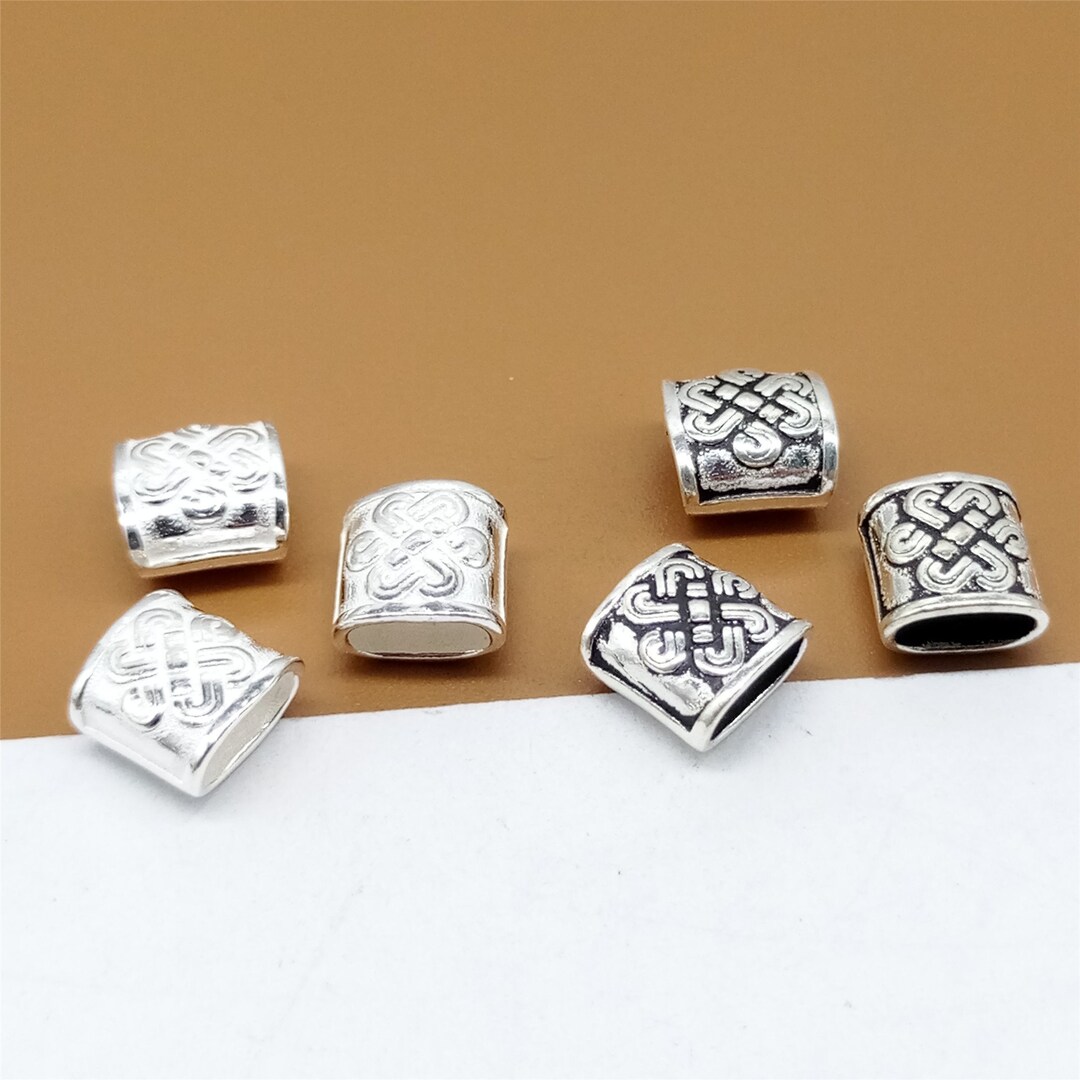 8 Sterling Silver Knot Tube Beads, Flat Leather Cord Beads, 925 Silver