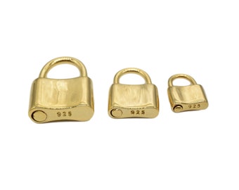 14K Gold Vermeil Style Padlock Charm, Padlock Clasp, Lock Clasp, 14K Gold Plated w Sterling Silver Padlock Lock Pendant Can Be Opened