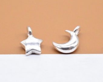 10 Sterling Silver Star Charms 2-Sided, 925 Silver Moon Charm, Shiny Star Charm, Crescent Moon Charm, Bracelet Charm, Necklace Charm