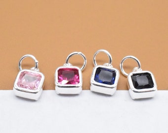 4 Sterling Silver Square Charms with CZ, 925 Silver Small Gemstone Charm, Bracelet Charm, Necklace Charm, Earring Charm