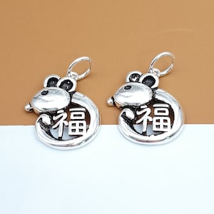 2 Sterling Silver Good Fortune Mouse Charms, 925 Silver Mouse Charm, Fortune Charm, Rat Charm, Small Mouse Pendant, Bracelet Neckalce Charm