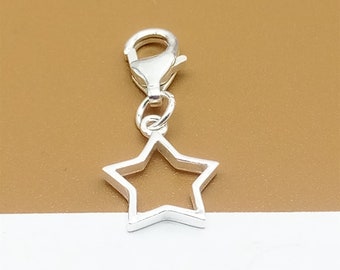 Sterling Silver Star Clip On Charm, 925 Silver Shiny Star Clip On Charm, Small Star Charm with Clip On Lobster Clasp, Pentagram Charm