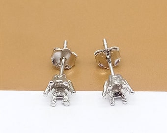 5 Pairs Sterling Silver Post Earring Settings w/ Rhodium Plated, 925 Silver Ear Posts with Backs, Round Bezel Cup Earring, Claw Earring Post