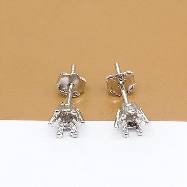 5 Pairs Sterling Silver Post Earring Settings w/ Rhodium Plated, 925 Silver Ear Posts with Backs, Round Bezel Cup Earring, Claw Earring Post