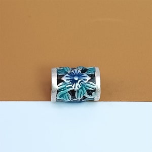 2 Sterling Silver Flower Barrel Beads Enameled, 925 Silver Hollow Floral Bead, Blossom Bead, Tube Bead, Flower Spacer, Bracelet Bead