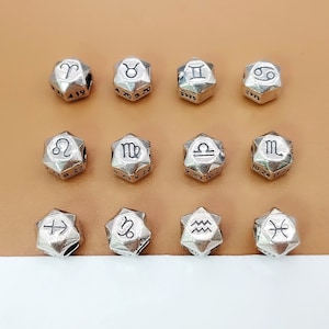 6 Sterling Silver Zodiac Beads, 925 Silver Bead Aries Taurus Gemini Cancer Leo Virgo Libra Scorpio Sagittarius Capricorn Aquarius Pisces