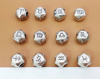 6 Sterling Silver Zodiac Beads, 925 Silver Bead Aries Taurus Gemini Cancer Leo Virgo Libra Scorpio Sagittarius Capricorn Aquarius Pisces