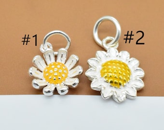 4 Sterling Silver Sunflower Charms Enameled, 925 Silver Sun Flower Charms, Necklace Charm, Bracelet Charm, Floral Charm, Blossom Charm